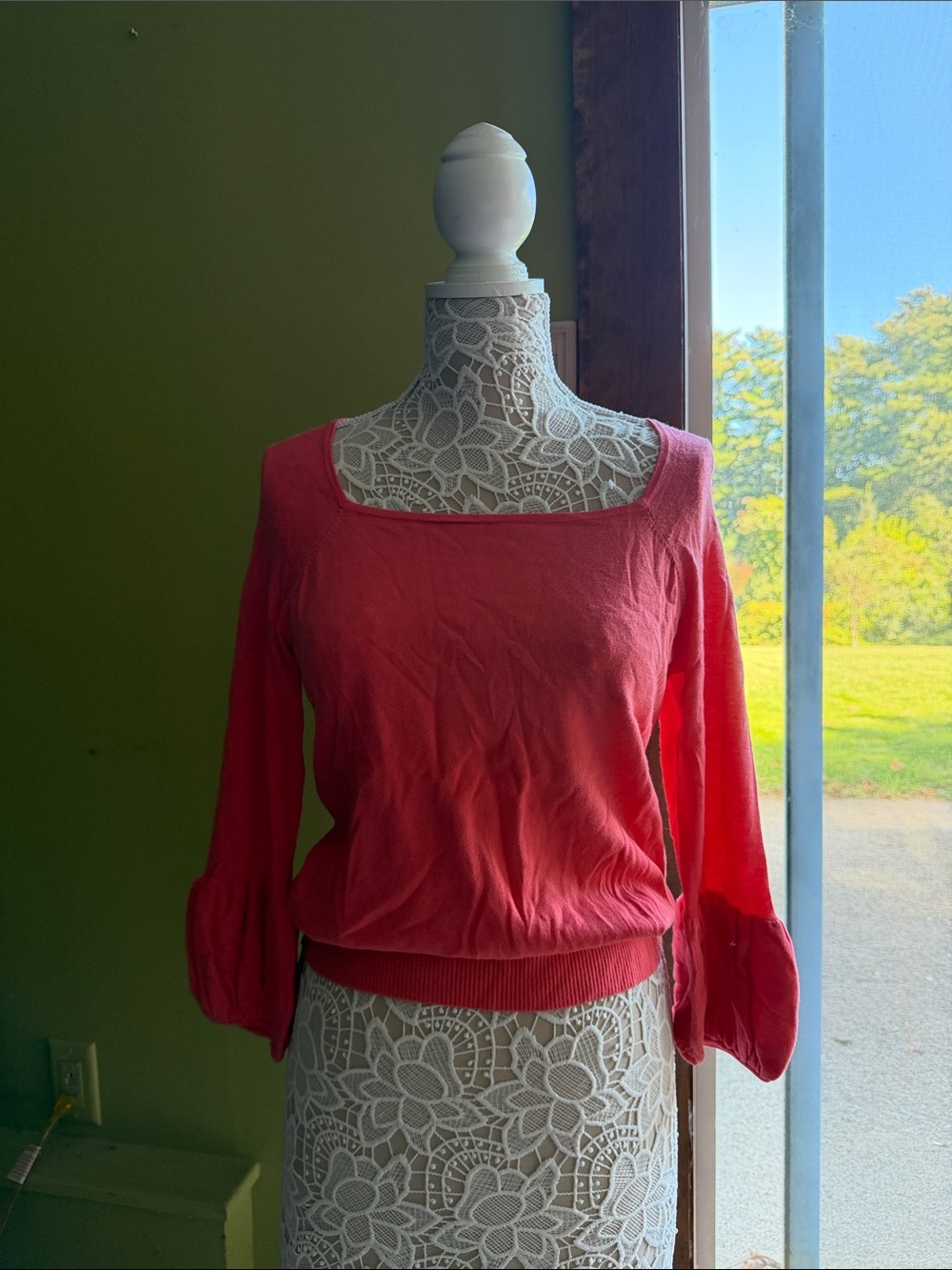 Magaschoni Coral Square-Neck Long Sleeve Top with Balloon Cuffs